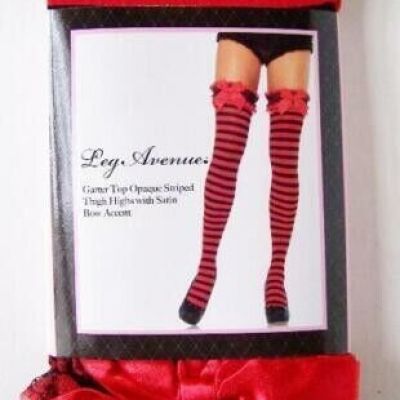 GARTER TOP THIGH HI STOCKINGS OPAQUE STRIPE W/ SATIN BOW RED BLACK FREE SHIPPING